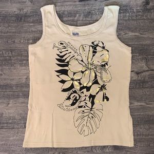 Basic Editions Tan, Black, & Gold Tropical Floral/Leaf Graphic Printed Tank Top